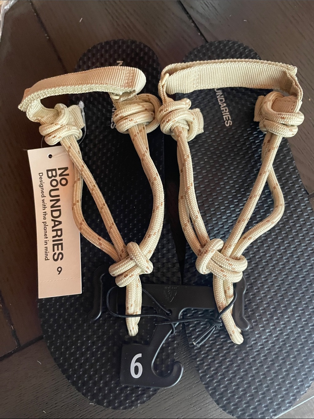 No Boundaries Black Footbed Sandals with Beige Rope Straps